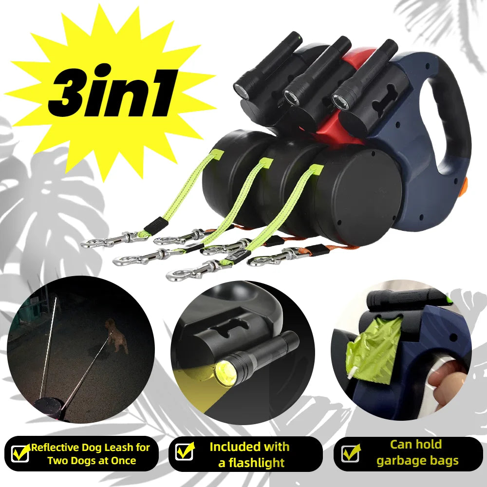 3-in-1 Dual Retractable Dog Leash with LED Light & Poop Bag Holder